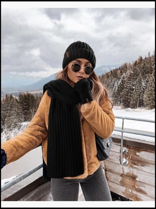 Winter Beanie Hat Scarf Glove Set Fleece Lined Double Layer Knit Touchscreen main image 5
